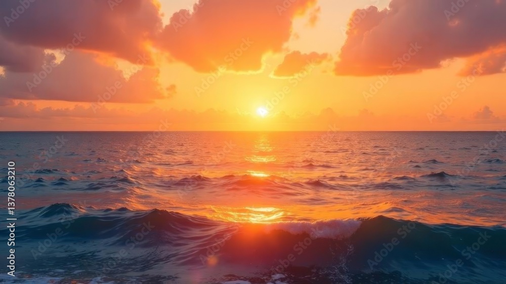 Fototapeta premium Vibrant ocean sunset with radiant sky and glowing waves at dusk.