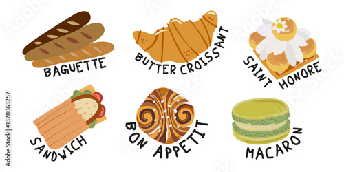 Croissant, baguette, saint honore, sandwich, macaron. Vector food stickers design for banner, cover, label, packaging. Bread cartoon set collection. Vector french bakery pastry products