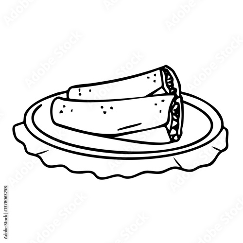 Rolls with meat and vegetables or vegan rolls in lavash, asian food doodle and dish drawing, freehand vector illustration and sticker, outline graphics.