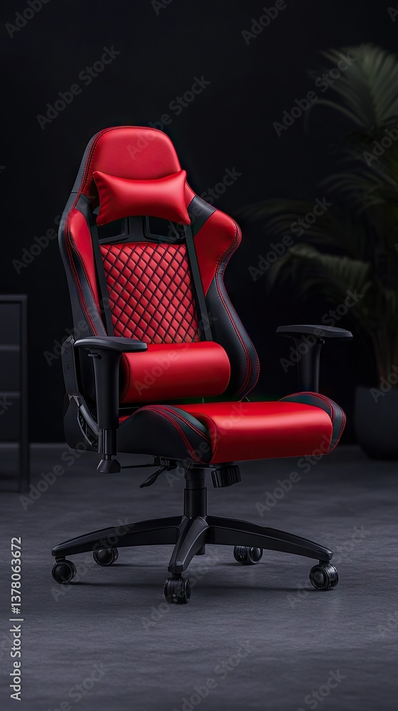 Fototapeta premium A red and black gaming chair with a headrest sits on a textured floor in front of a black wall