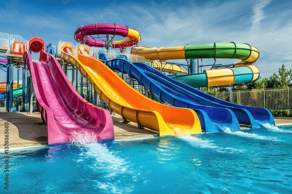 Naklejka premium Colorful water slides in an outdoor aquapark. AI generated illustration.