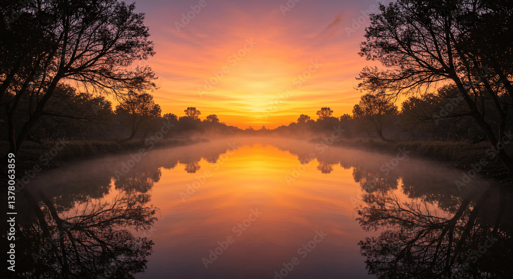 Naklejka premium Serene river landscape at sunset with willow trees