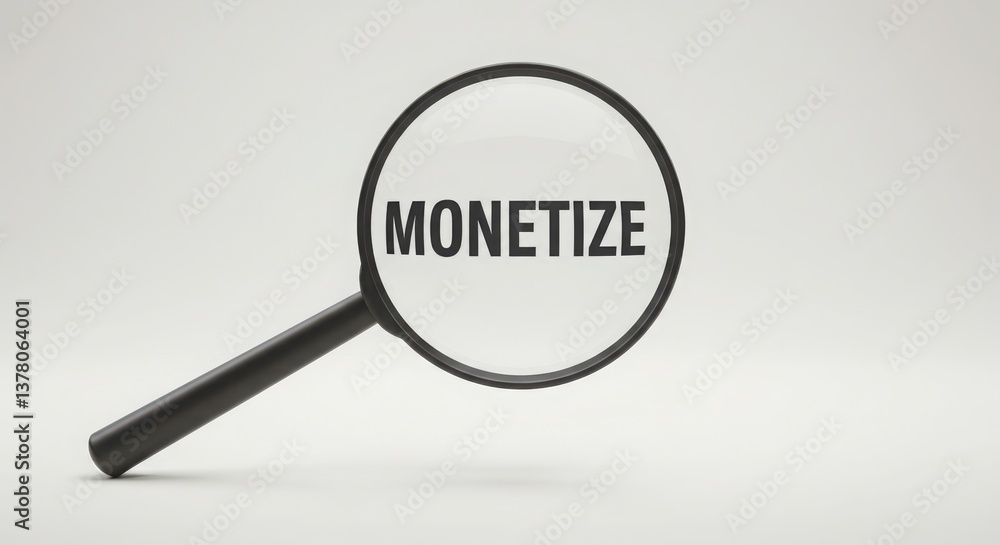 Magnifying glass focused on the word monetize in minimalist design Magnifying glass focused on the word monetize in minimalist design