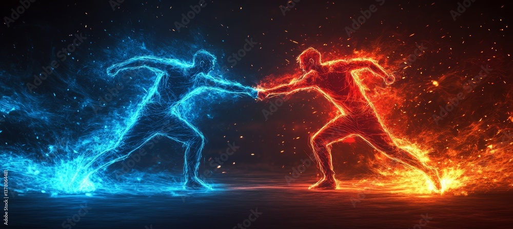 Fire versus water human power. Red versus blue. Generative AI technology.
