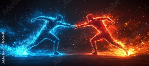 Obraz na płótnie Fire versus water human power. Red versus blue. Generative AI technology.
w salonie