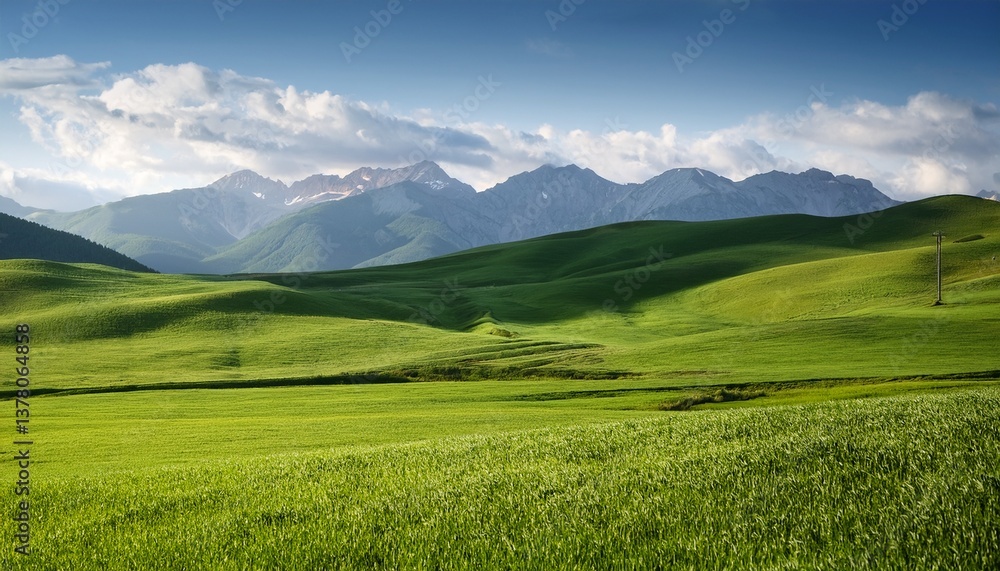 lush green field with distant mountains lush green field with distant mountains