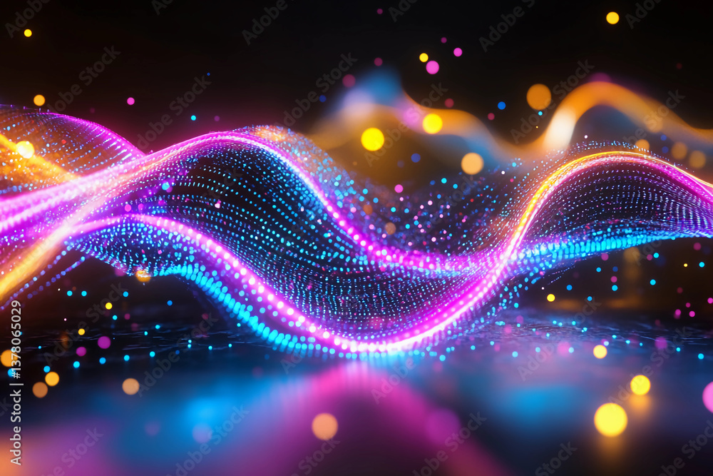 Abstract holographic code waves with vibrant neon pink, purple, and cyan colors, dynamically intersecting mid-air, creating an intense futuristic glow effect Abstract holographic code waves with vibrant neon pink, purple, and cyan colors, dynamically intersecting mid-air, creating an intense futuristic glow effect