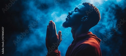 Black man pray to god. Religion belief faith worship. Generative AI technology.	
