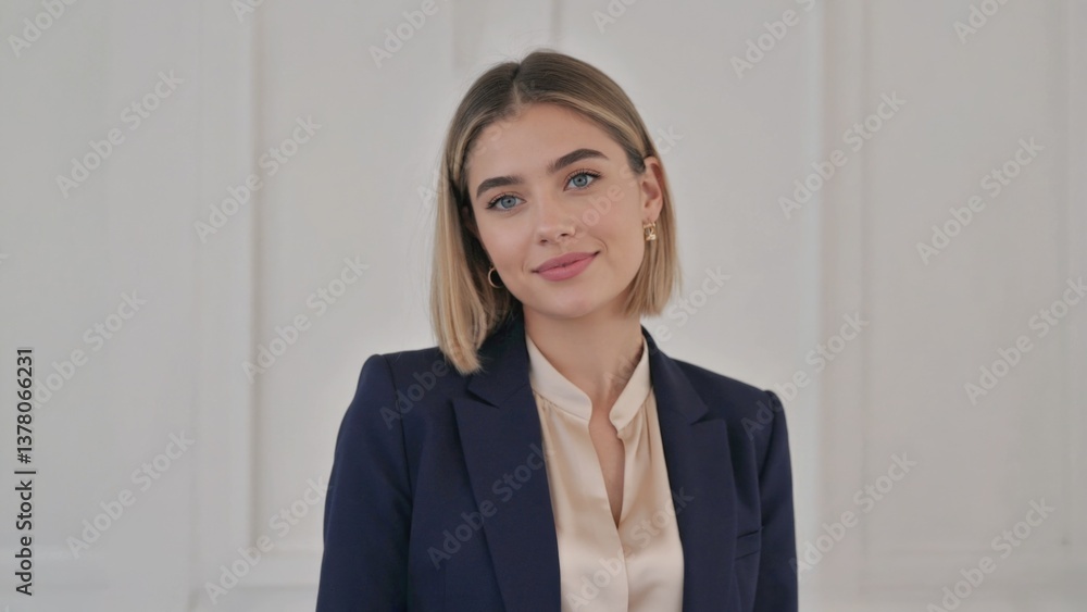 A professional woman poses for a photo shoot wearing a business suit, suitable for corporate or office use A professional woman poses for a photo shoot wearing a business suit, suitable for corporate or office use