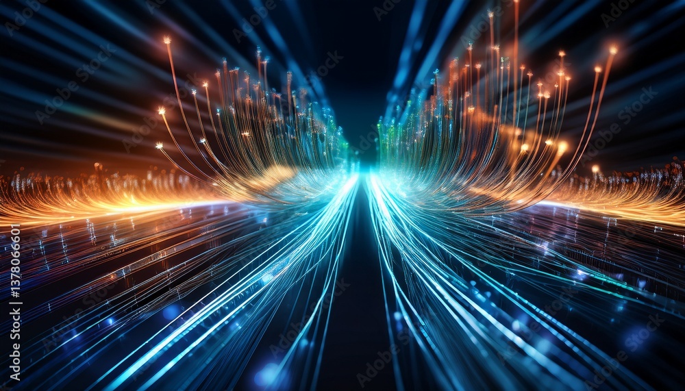 Obraz premium glowing energy streams pulsing through fiber optic cables visualizing quantum computing networks and advanced digital communication infrastructure
