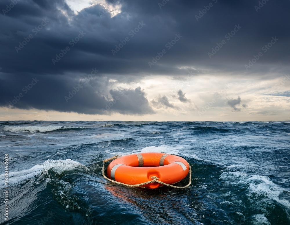 Obraz premium orange life buoy floating on ocean waves under stormy cloudy sky