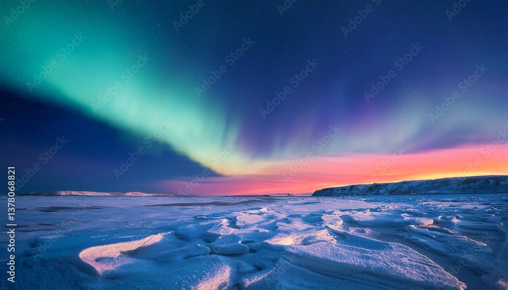 Fototapeta premium indigo and peach aurora borealis dancing over an icy tundra n long exposure magic