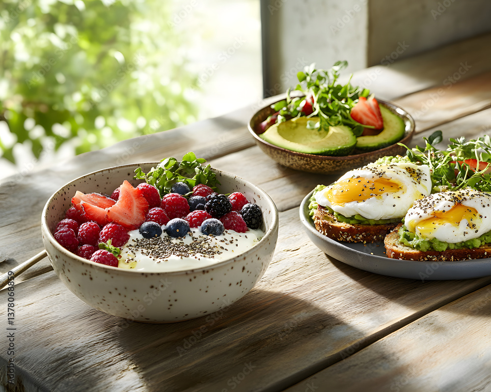 A colorful, nutrient-rich breakfast spread evokes feelings of health and vitality.
