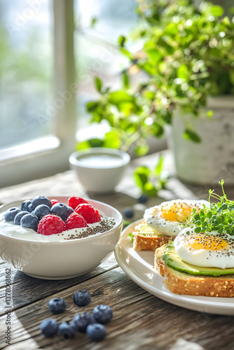 Obraz na płótnie A radiant spread of nutrient-rich breakfast items, evoking warmth and vitality. w salonie