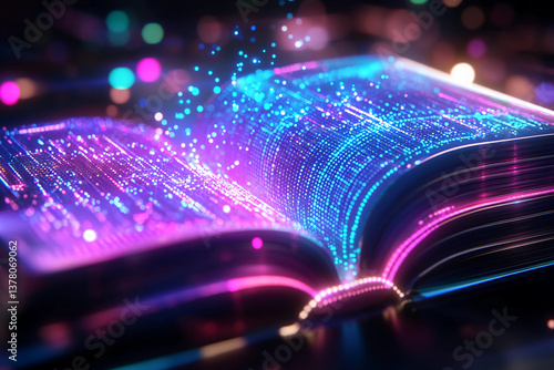 Dynamic futuristic abstract books composed entirely of neon data streams, symbolizing learning with vivid teal and purple illumination