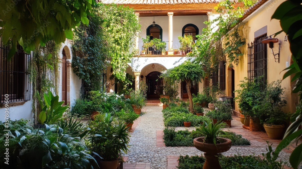 An inviting courtyard showcasing verdant foliage and architectural details within An inviting courtyard showcasing verdant foliage and architectural details within