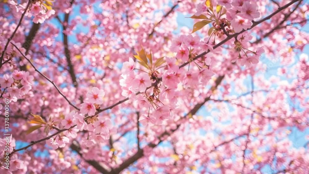 Blooming Cherry Tree Branches with Pink Flowers Against Blue Sky Blooming Cherry Tree Branches with Pink Flowers Against Blue Sky