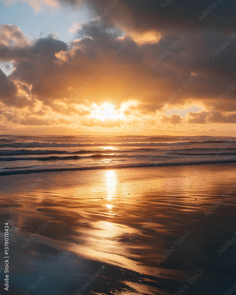A breathtaking sunset casts golden reflections on calm ocean waves, evoking peace and warmth.