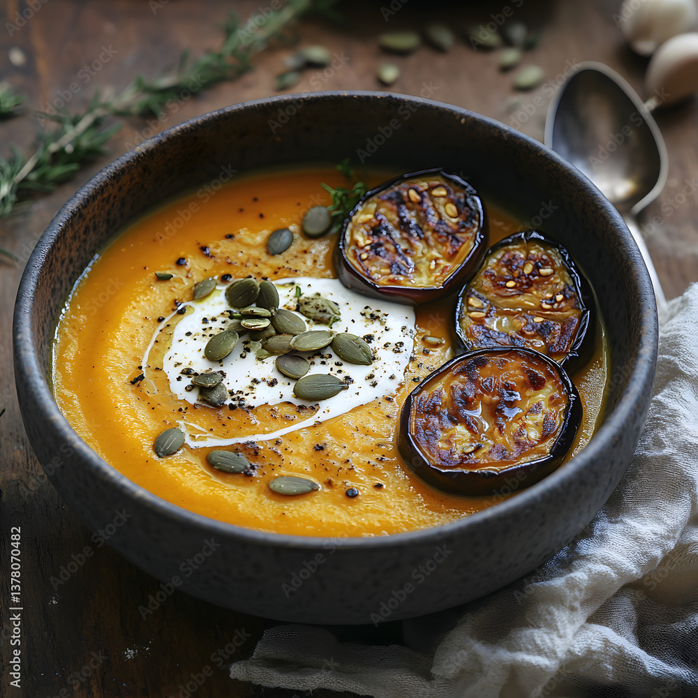 A cozy bowl of pumpkin soup topped with creamy drizzle and seeds evokes a sense of comfort.