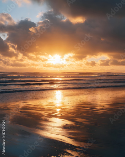 Obraz na płótnie A breathtaking sunset casts golden reflections on calm ocean waves, evoking peace and warmth. w salonie