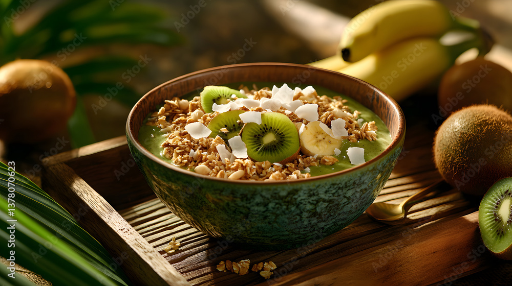 A colorful smoothie bowl brimming with fresh fruits and crunchy toppings, evoking health and vitality.