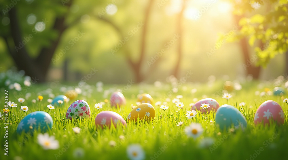 Colorful Easter Eggs on Green Grass in Spring Meadow – Sunny Holiday Nature Scene