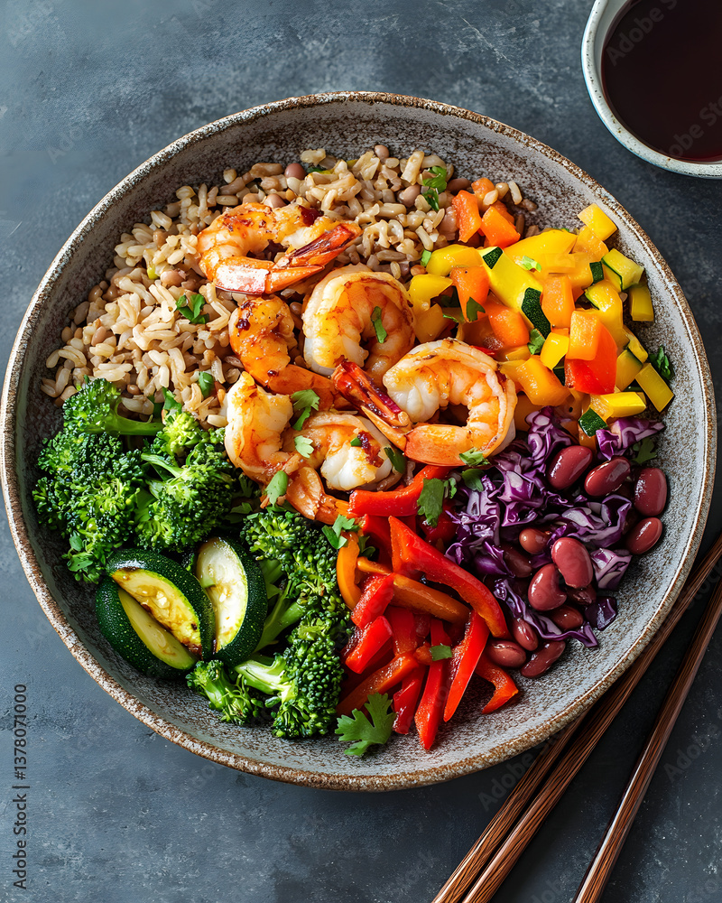 A vibrant, nutritious bowl featuring shrimp, vegetables, and brown rice, evoking a sense of health and vitality.