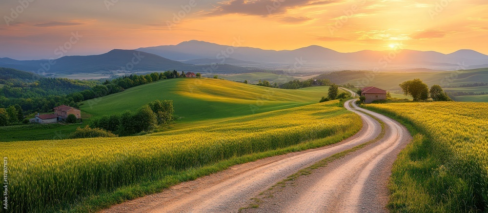 Naklejka premium Sunset rural road winding through yellow fields, houses, mountains background