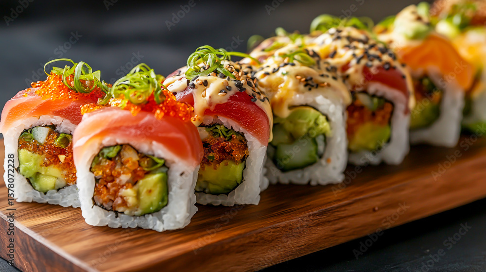 Featuring the Refreshing Yuzu Citrus Roll, the Creamy Avocado Roll, and the Savory Tuna Roll, Each with Unique and Flavorful Toppings Featuring the Refreshing Yuzu Citrus Roll, the Creamy Avocado Roll, and the Savory Tuna Roll, Each with Unique and Flavorful Toppings