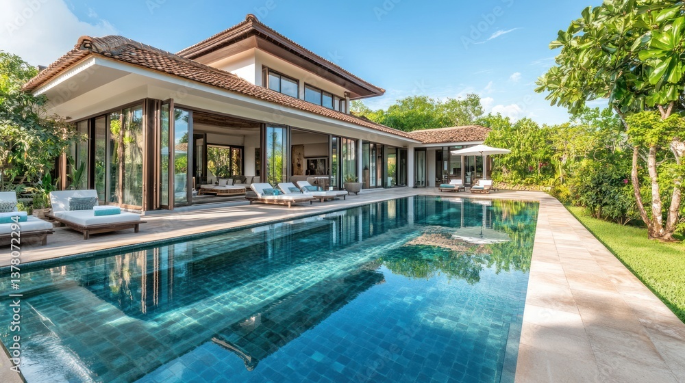 Fototapeta premium A luxurious modern home with a swimming pool and green landscaping
