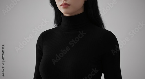Woman long black hair black turtleneck portrait simple