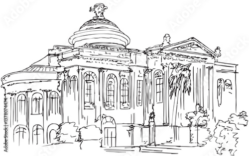 Ink sketch of the Teatro Massimo Vittorio Emanuele is an opera house 1897 in high neoclassical style, largest theatre located on the Piazza Verdi in Palermo, Sicily, Italy