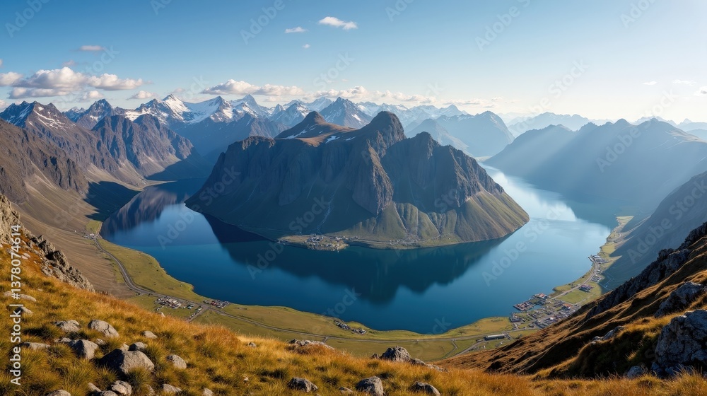 Obraz premium Stetind mountain in Norway illuminated by bright sunlight during mid-day, photographed from a wide panoramic angle.
