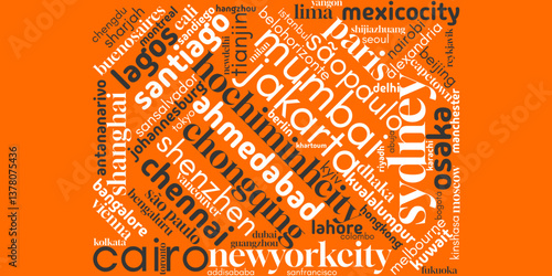 vector word cloud 100 biggest cities globally, featuring iconic skylines, urban landscapes, and world landmarks. Perfect for projects related to urbanization, global travel, city planning, and
