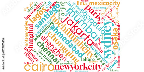 This vector word cloud 100 biggest cities globally, featuring iconic skylines, urban landscapes, and world landmarks. Perfect for projects related to urbanization, global travel, city planning, and