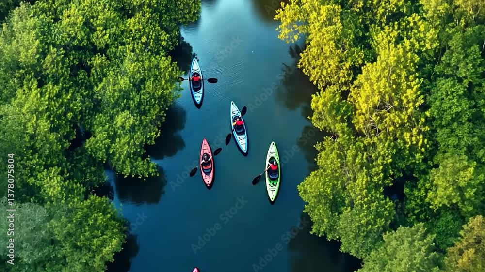 Kayakers navigate a serene mangrove waterway
