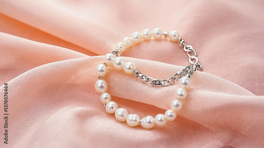 A pink fabric with a delicate bracelet featuring pearls and a chain, great for fashion or jewelry inspiration A pink fabric with a delicate bracelet featuring pearls and a chain, great for fashion or jewelry inspiration