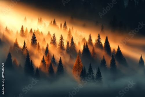 A stunning view of a misty mountain forest awakening under morning light, with sunbeams painting