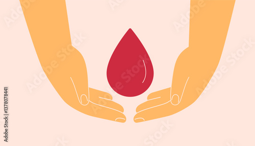 Blood donation concept with human hands and big red blood drop. transfusion and prevention hypercoagulation disorders, care and voluntary vector illustration