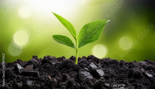 green plant sprout and biochar in the soil biochar increases the carbon content of the soil increasing its fertility and providing optimal conditions for plant growth