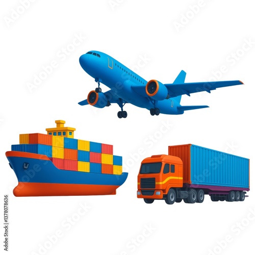 A colorful illustration featuring an airplane, cargo ship, and truck, representing various modes of transportation in logistics and shipping.