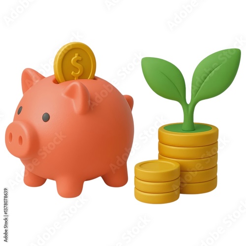 A colorful piggy bank with a coin being inserted, alongside stacks of coins and a small plant, symbolizing savings and financial growth.