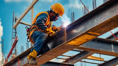 Welder on high steel beam, welding with sparks