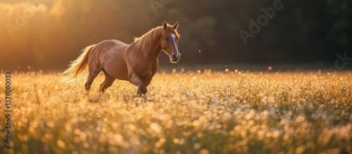 A beautiful horse running freely through a golden sunlit meadow