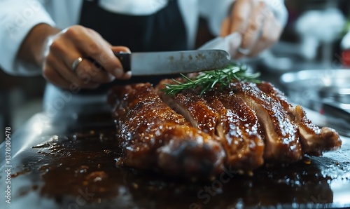 Fototapeta Naklejka Na Ścianę i Meble -  Chef Cutting Roasted Duck Meat with Rosemary Garnish in Kitchen