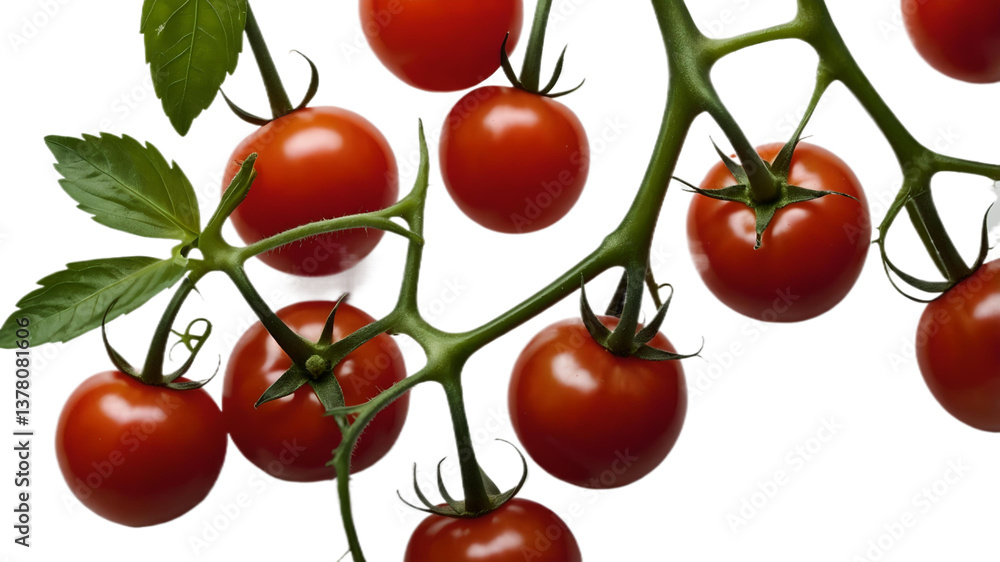 A bunch of ripe juicy red tomatoes on the vine isolated A bunch of ripe juicy red tomatoes on the vine isolated