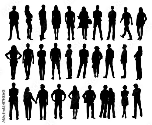 Silhouettes of different People Rear View vector black illustration isolated
