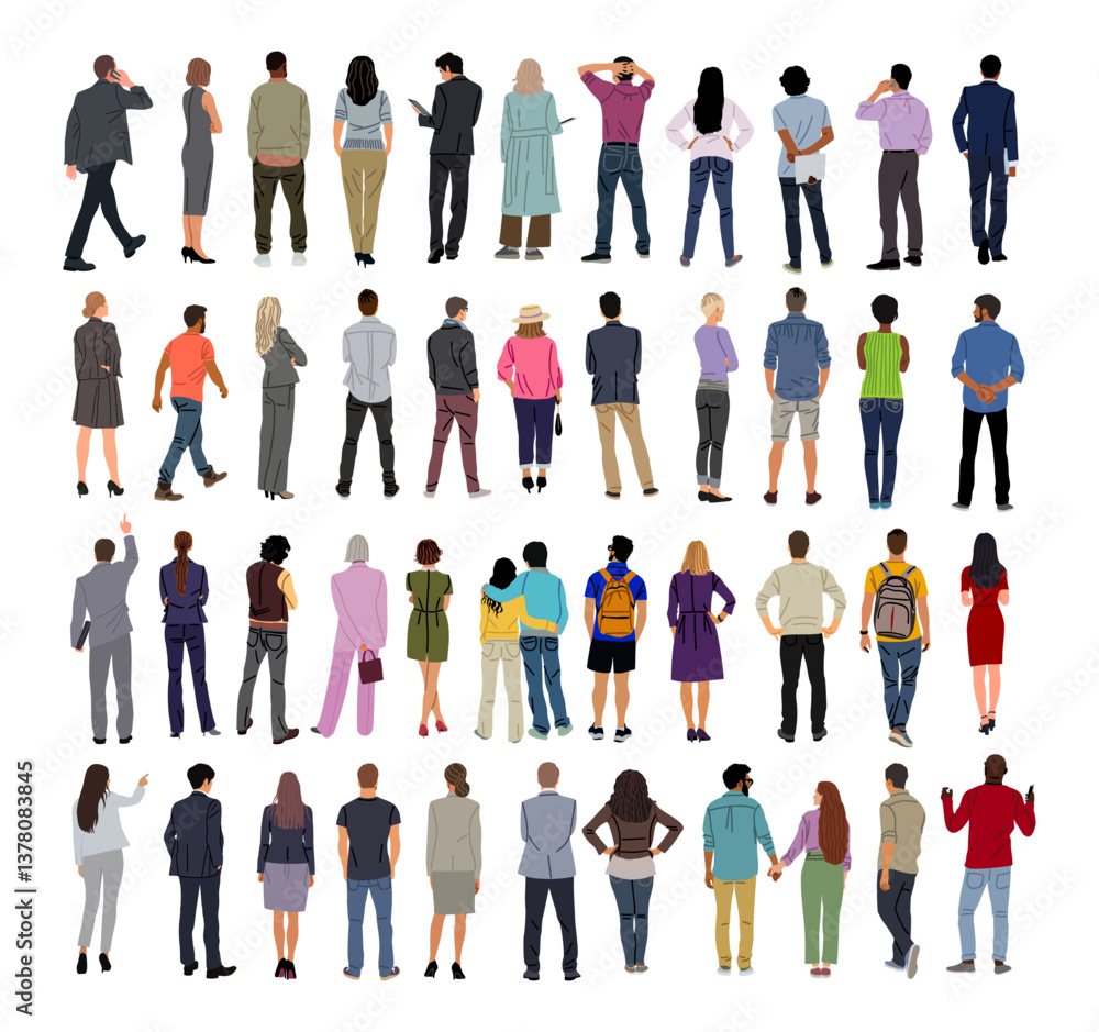 Fototapeta premium Bundle of diverse People Standing Rear View. Flat vector illustration isolated