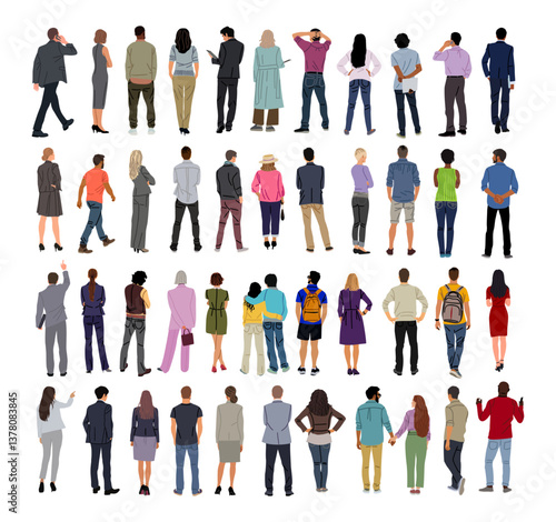 Bundle of diverse People Standing Rear View. Flat vector illustration isolated