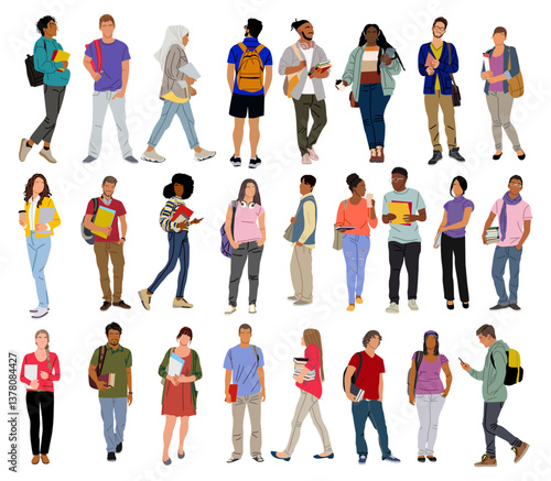 Group of multiracial and multicultural students. Young girls and boys holding books, folders standing and walking to college, university. Vector realistic illustration isolated